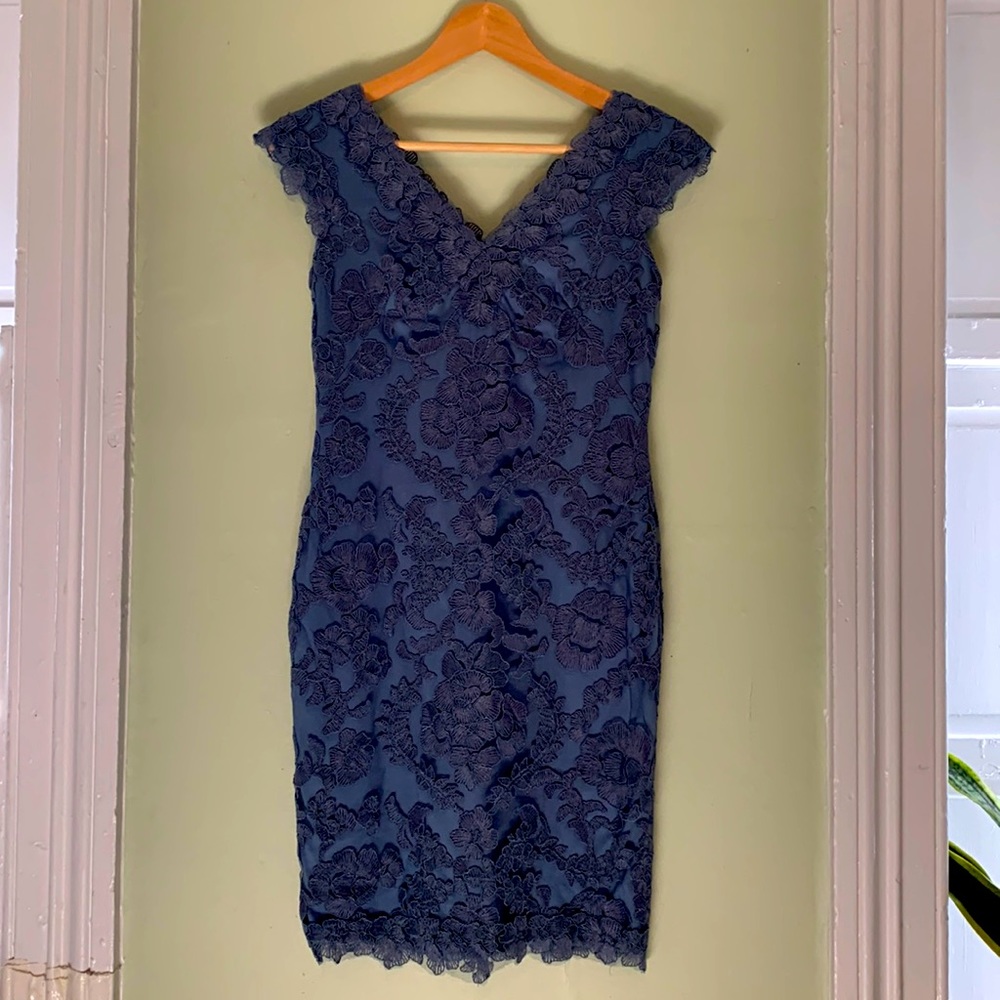 Blue body con lace dress with cap sleeves